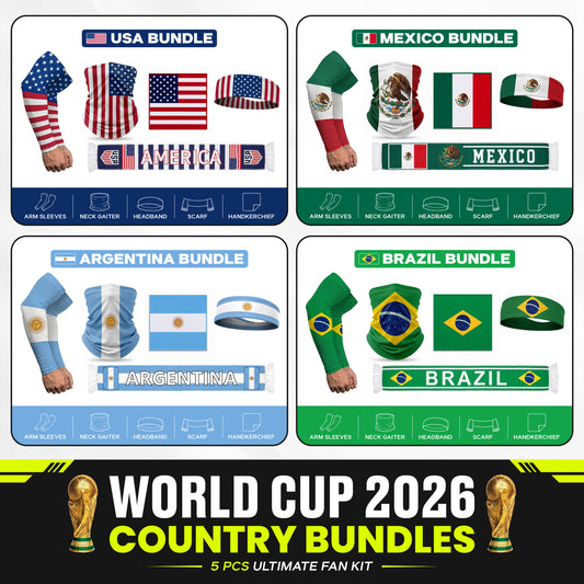 Celebrate with the ARMORAY Armoray World Cup VIP Bundle—Limited Drop. Choose USA, Mexico, Argentina, or Brazil. Each kit includes arm sleeves, neck gaiter, scarf, and handkerchief in bold flag designs. No restock—get yours now!.