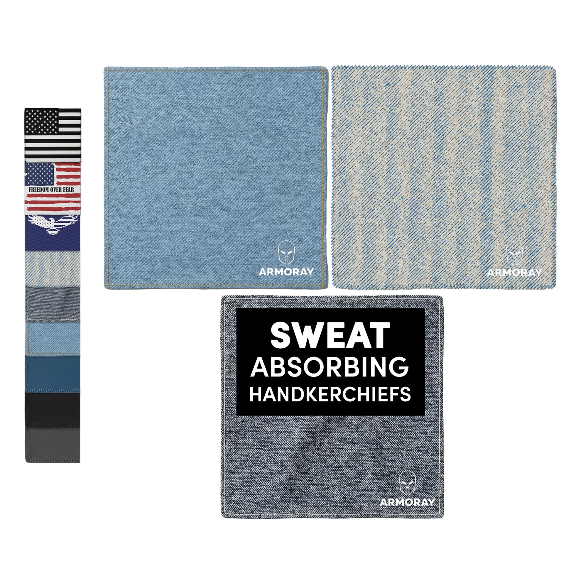Set of three blue ARMORAY Basics Sweat Absorbing Handkerchiefs – UltraSoft, reusable cotton towels ideal for gym or daily use. Packaging shows "SWEAT ABSORBING HANDKERCHIEFS" and a strip with flag and color designs.