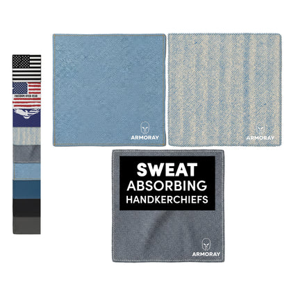 Set of three blue ARMORAY Basics Sweat Absorbing Handkerchiefs – UltraSoft, reusable cotton towels ideal for gym or daily use. Packaging shows "SWEAT ABSORBING HANDKERCHIEFS" and a strip with flag and color designs.