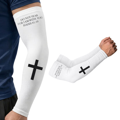 Showcased both worn and laid flat, the ARMORAY Faith Series scripture sleeves in white display a black cross and the inspiring verse "DO NOT FEAR FOR I AM WITH YOU ISAIAH 41:10" on the upper arm. Crafted with moisture-wicking fabric and UPF 50+ sun protection, these sleeves deliver all-day comfort and coverage.