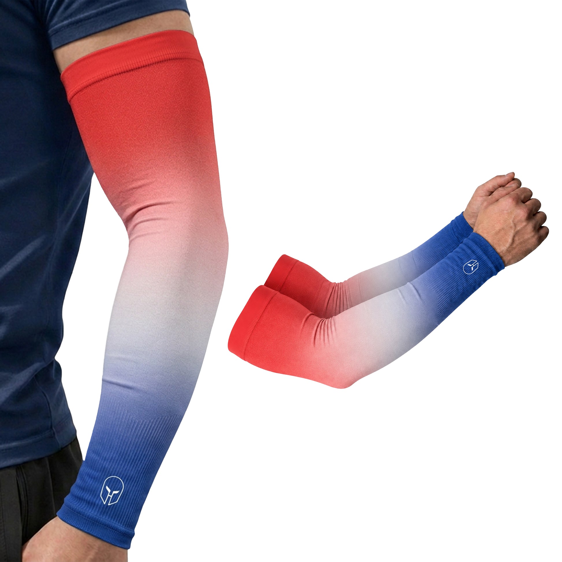 A person is wearing ARMORAY’s Ombré Collection arm sleeves, featuring a stylish gradient design transitioning from red to white to blue and finished with a small white ARMORAY logo near the wrist. These UPF 50+ sleeves deliver excellent UV protection, and an isolated view of the sleeve is also displayed.