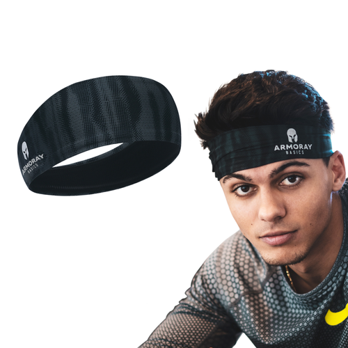 A man wears the ARMORAY FREE Black Performance Headband, seated beside a close-up of the same headband displayed on a white background.