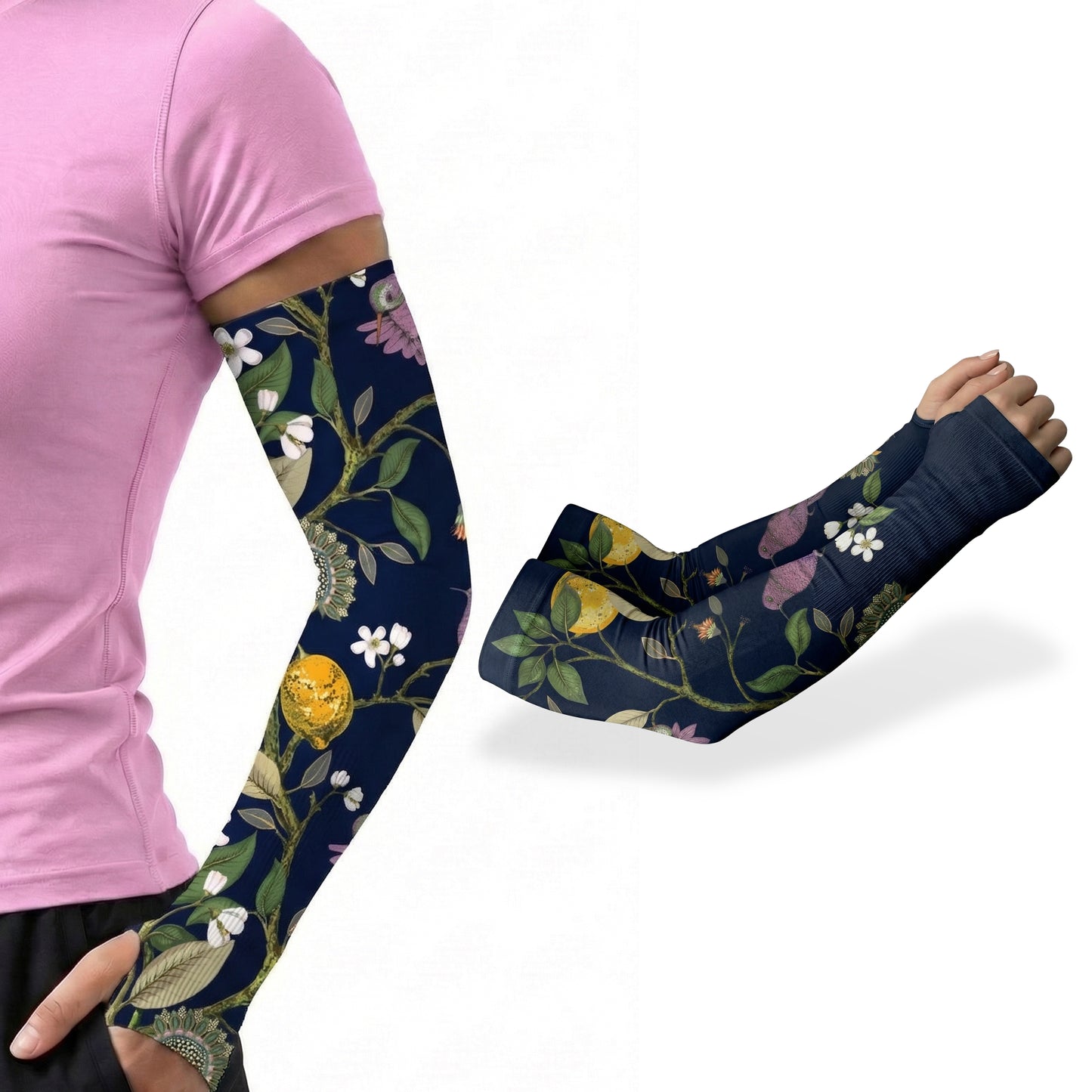 Someone wears a pink short-sleeve shirt with a dark blue floral-patterned ARMORAY Basics Armoray® Garden Collection Arm Sleeve — Designed to Delight Outdoors (UPF 50+); another matching sleeve is shown separately.