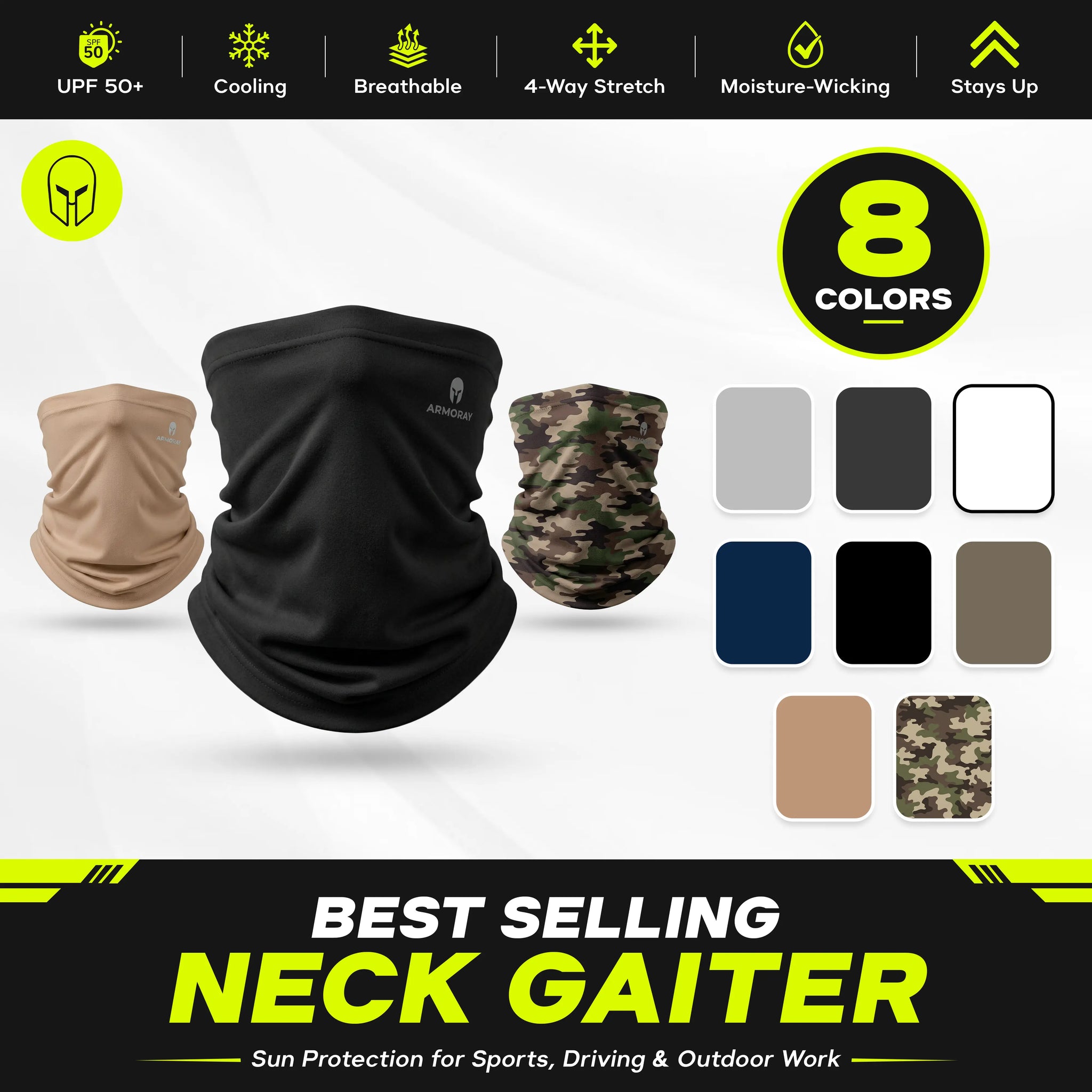 Four Armoray® Cooling Neck Gaiters by ARMORAY, designed for sun, dust, and wind protection, are displayed in black, beige, and camouflage in front of eight color swatches. The text highlights features like sun protection and breathable coverage, describing this 4-pack as a best-selling choice for outdoor use.