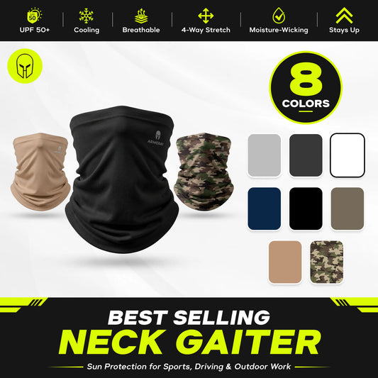 The ARMORAY Basics Armoray® Cooling Neck Gaiter 4-Pack is shown in black, tan, and camo, with eight color options displayed. The image highlights breathable coverage plus sun, dust, and wind protection.