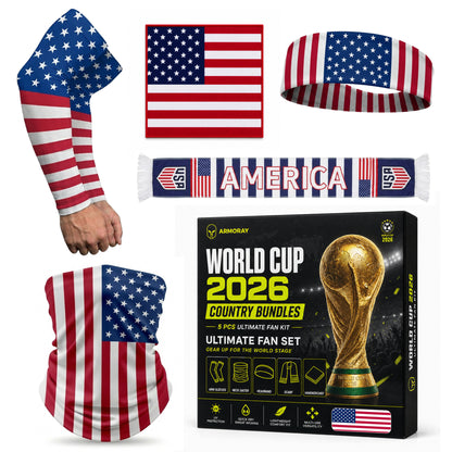 Celebrate the World Cup with the ARMORAY Armoray World Cup VIP Bundle—includes an arm sleeve, neck gaiter, headband, scarf, flag, and a trophy-themed box. The ultimate USA supporter gear for 2026!.