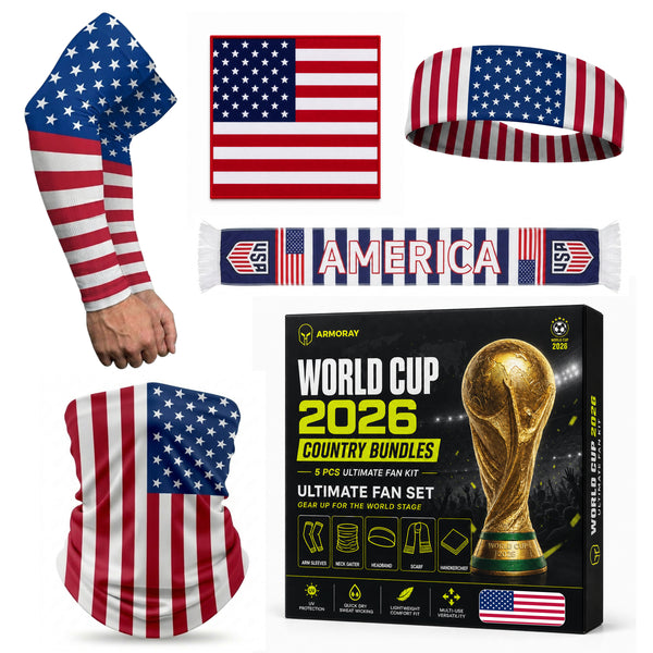 Celebrate the World Cup with the ARMORAY Armoray World Cup VIP Bundle—includes an arm sleeve, neck gaiter, headband, scarf, flag, and a trophy-themed box. The ultimate USA supporter gear for 2026!.
