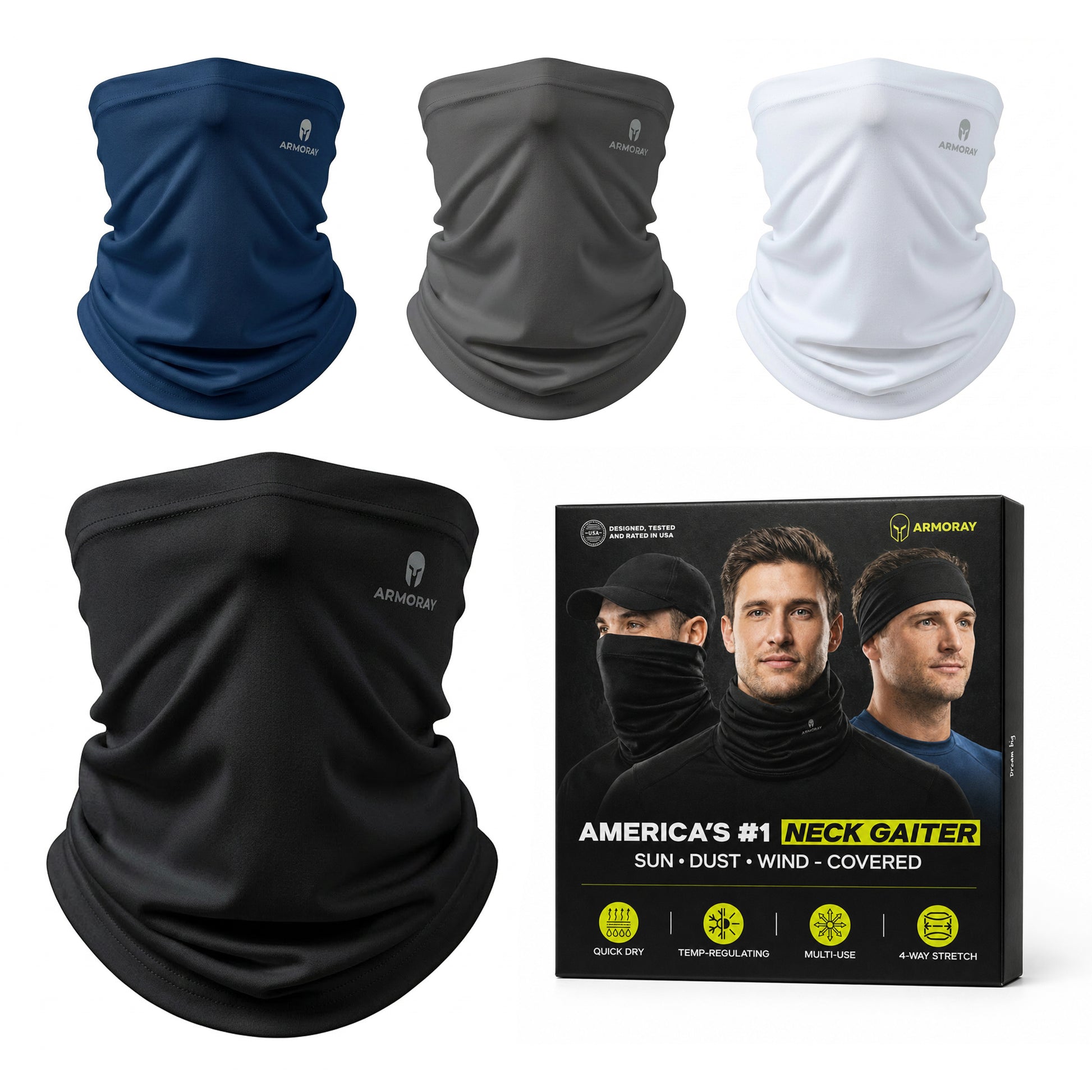 ARMORAY Armoray® Cooling Neck Gaiter — 4-Pack includes blue, gray, white, and black gaiters displayed above a product box featuring usage examples and key features. These breathable neck gaiters provide reliable sun, dust, and wind protection for all your outdoor activities.