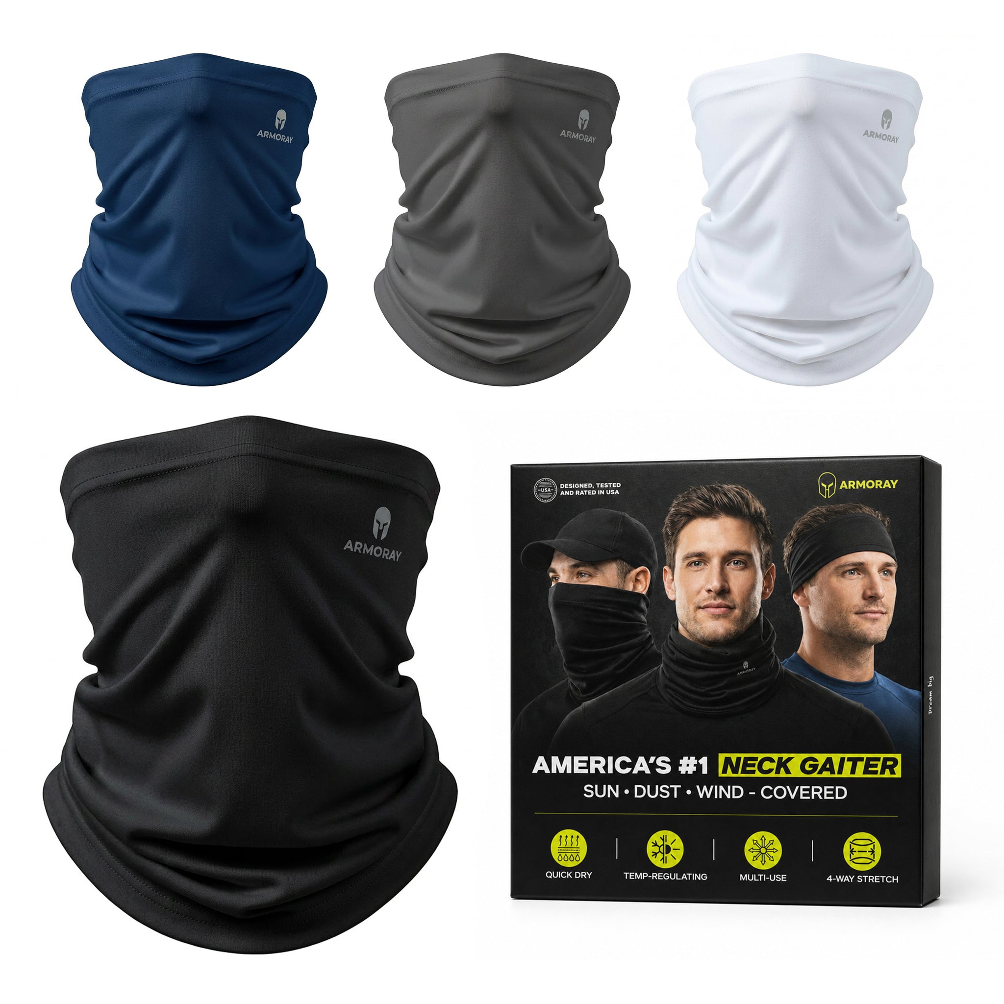 ARMORAY Armoray® Cooling Neck Gaiter — 4-Pack includes blue, gray, white, and black gaiters displayed above a product box featuring usage examples and key features. These breathable neck gaiters provide reliable sun, dust, and wind protection for all your outdoor activities.