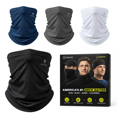ARMORAY Armoray® Cooling Neck Gaiter — 4-Pack includes blue, gray, white, and black gaiters displayed above a product box featuring usage examples and key features. These breathable neck gaiters provide reliable sun, dust, and wind protection for all your outdoor activities.
