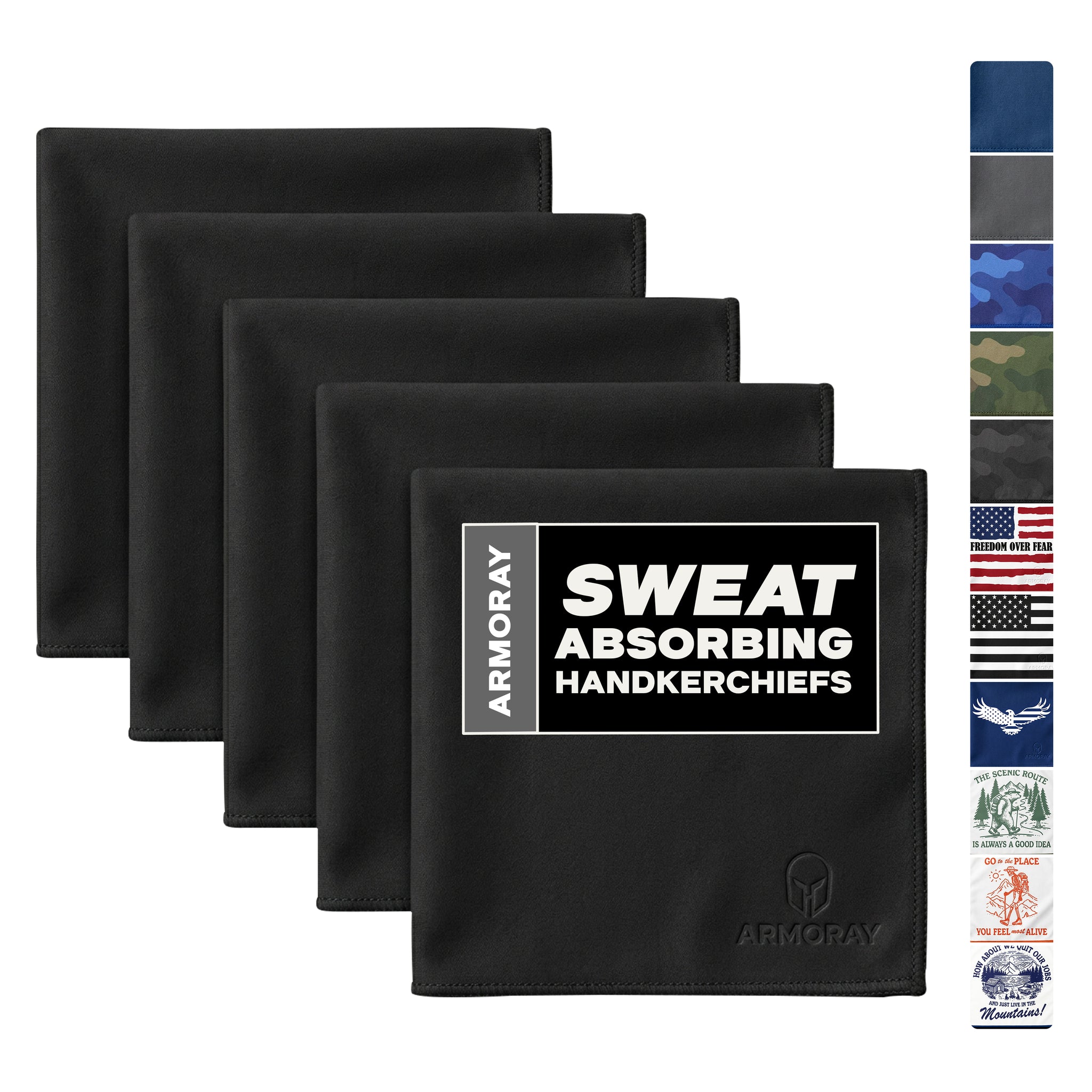 Four ARMORAY Basics Sweat Absorbing Handkerchiefs—UltraSoft, reusable towels made from premium cotton—are displayed with a strip highlighting assorted designs, perfect as compact gym towels.