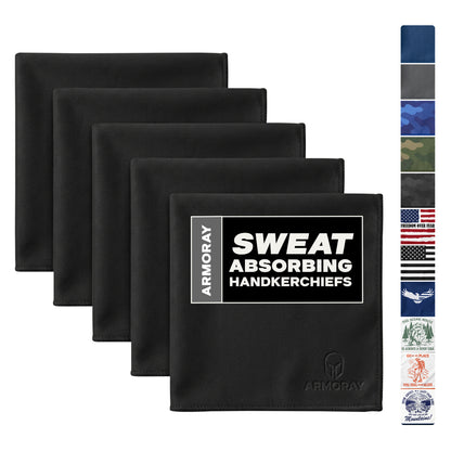 Four ARMORAY Basics Sweat Absorbing Handkerchiefs—UltraSoft, reusable towels made from premium cotton—are displayed with a strip highlighting assorted designs, perfect as compact gym towels.