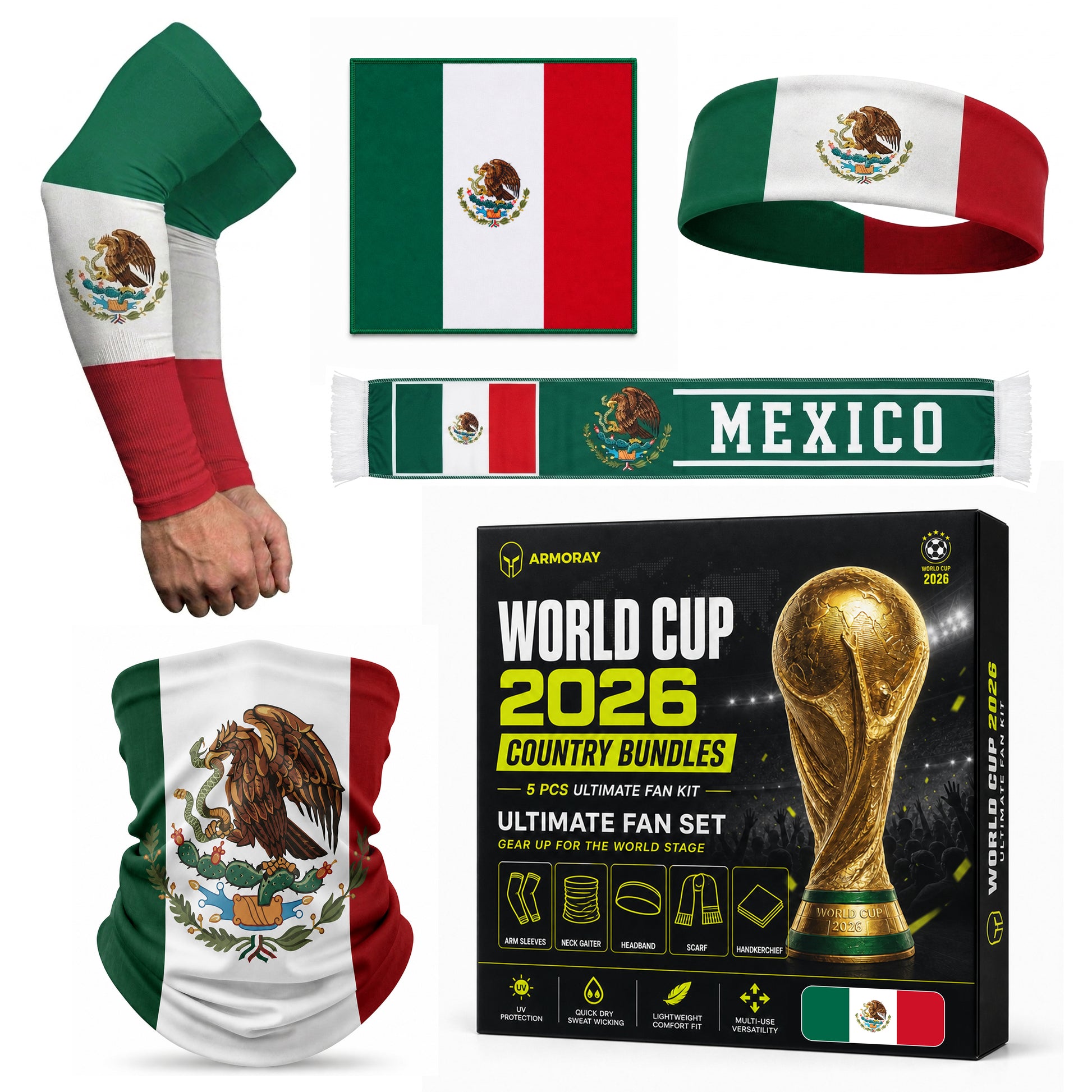 Cheer for your team with the ARMORAY Armoray World Cup VIP Bundle—includes flag, scarf, arm sleeves, headband, neck gaiter, and trophy-themed packaging. Show your pride with official 2026 World Cup fan gear!.