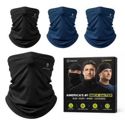 Four Armoray® Cooling Neck Gaiters by ARMORAY in black and blue are shown above a product box featuring men wearing the gaiters; the box highlights benefits such as sun, dust, and wind protection, quick-drying fabric, and breathable coverage.