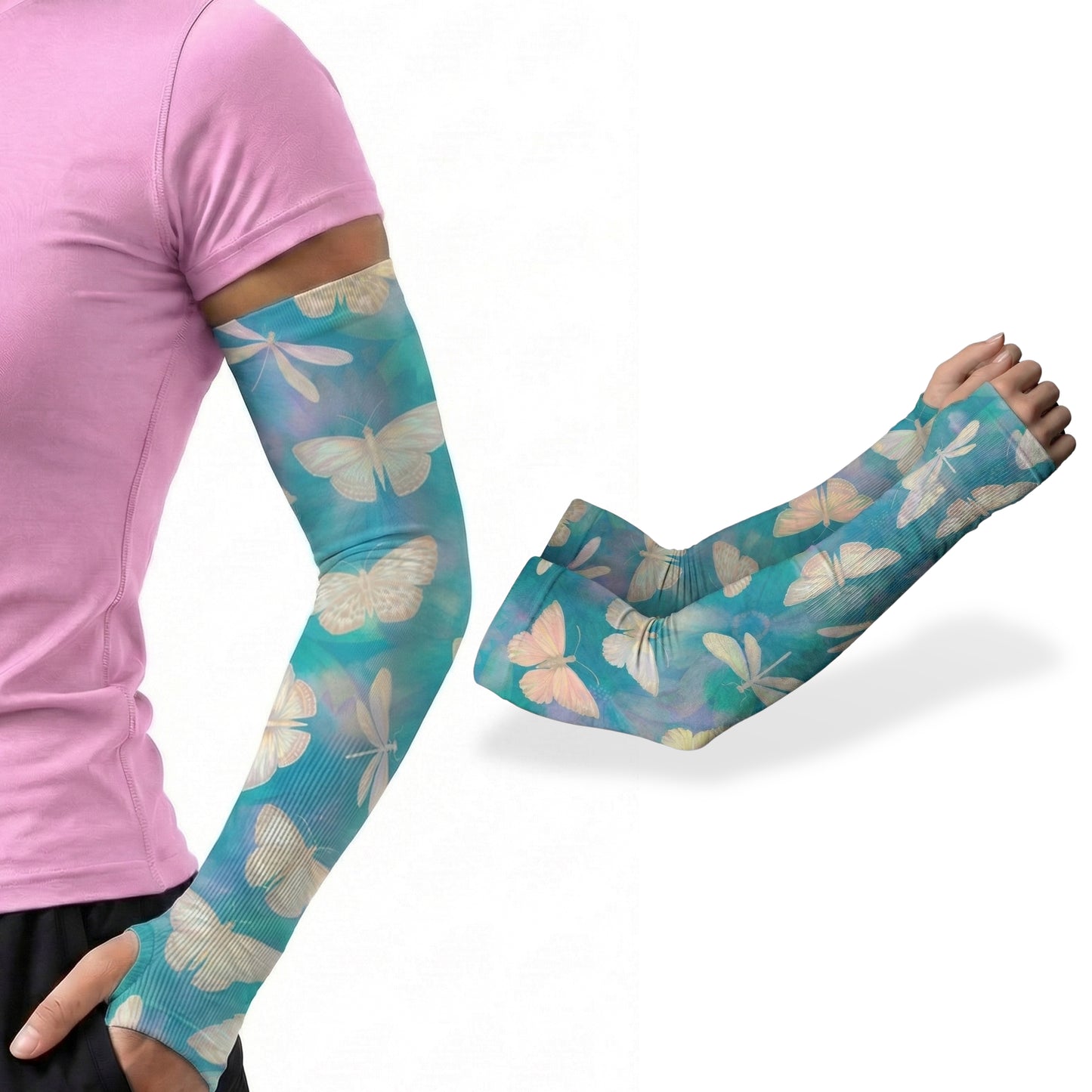 A person in a light purple shirt wears an ARMORAY Basics Armoray® Garden Collection Arm Sleeve, featuring butterfly designs and UPF 50+ protection; a close-up of the sleeve appears on the right.