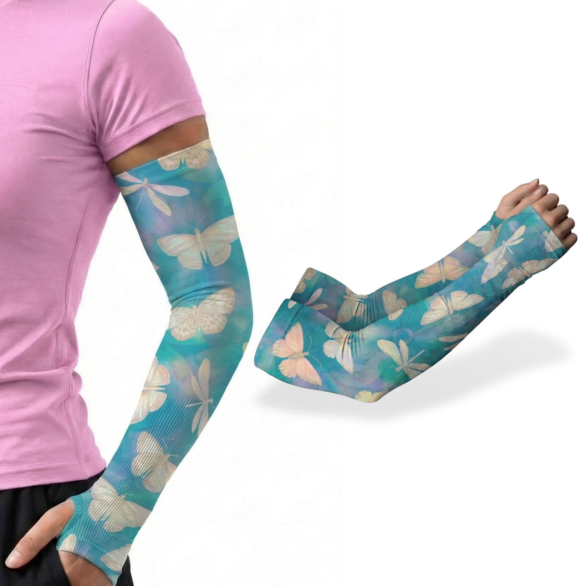 A person in a light purple shirt wears an ARMORAY Basics Armoray® Garden Collection Arm Sleeve, featuring butterfly designs and UPF 50+ protection; a close-up of the sleeve appears on the right.