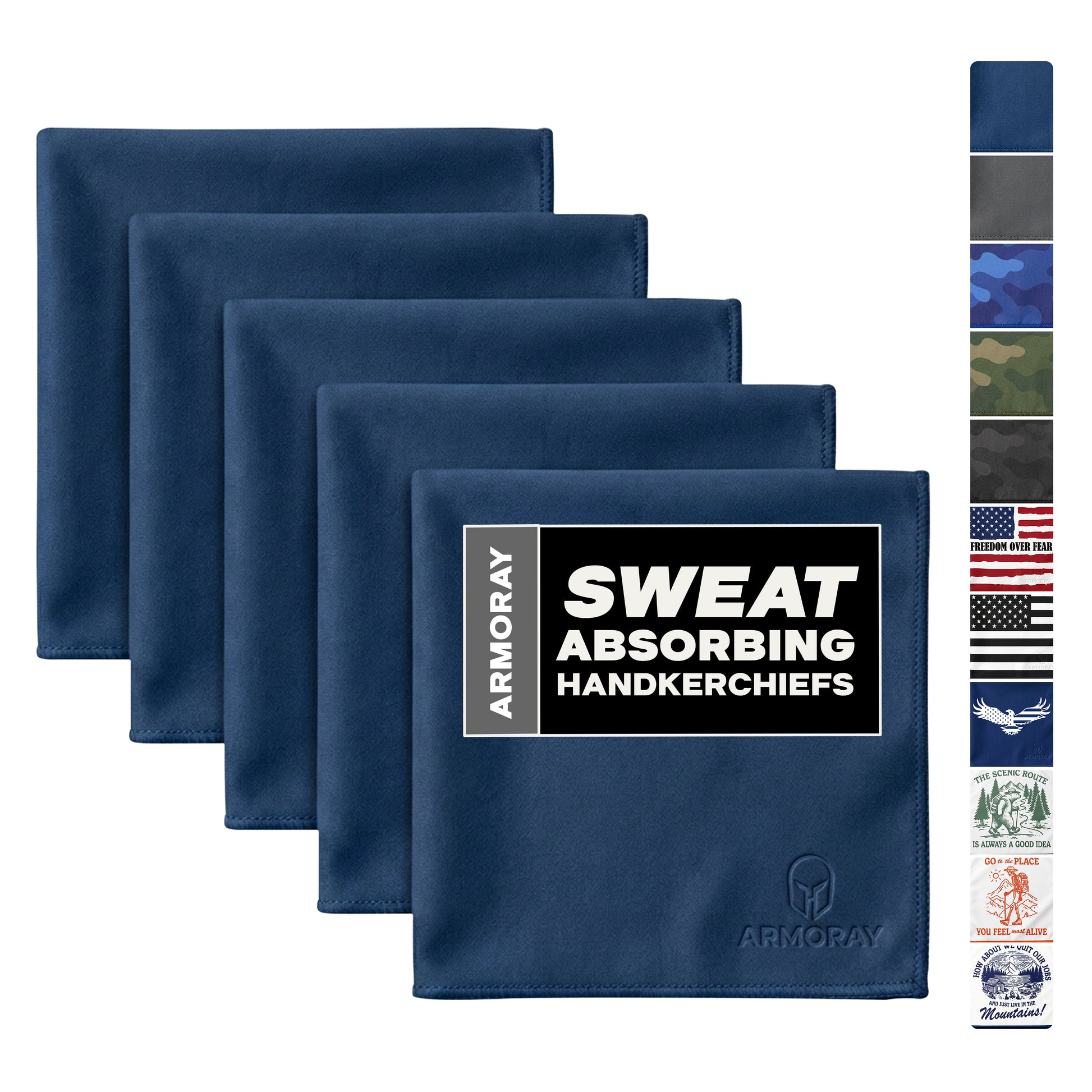 Five ARMORAY Basics UltraSoft, reusable sweat-absorbing handkerchiefs by Armoray® are shown beside a vertical strip featuring different available patterns and designs.