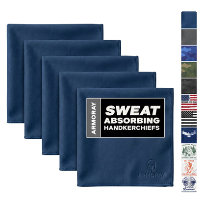 Five ARMORAY Basics UltraSoft, reusable sweat-absorbing handkerchiefs by Armoray® are shown beside a vertical strip featuring different available patterns and designs.
