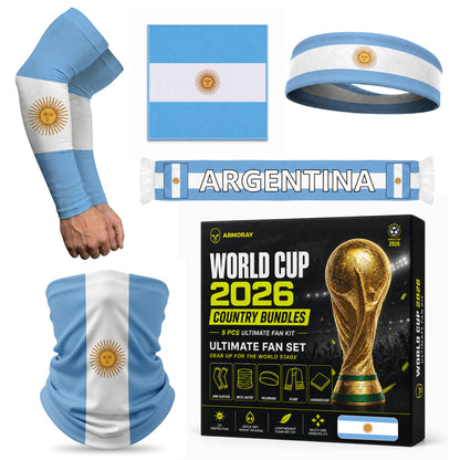 Cheer for Argentina with the ARMORAY Armoray World Cup VIP Bundle—includes arm sleeve, flag, headband, scarf, and neck gaiter in a trophy-and-flag box. The ultimate country pride fan gear for the 2026 World Cup!.
