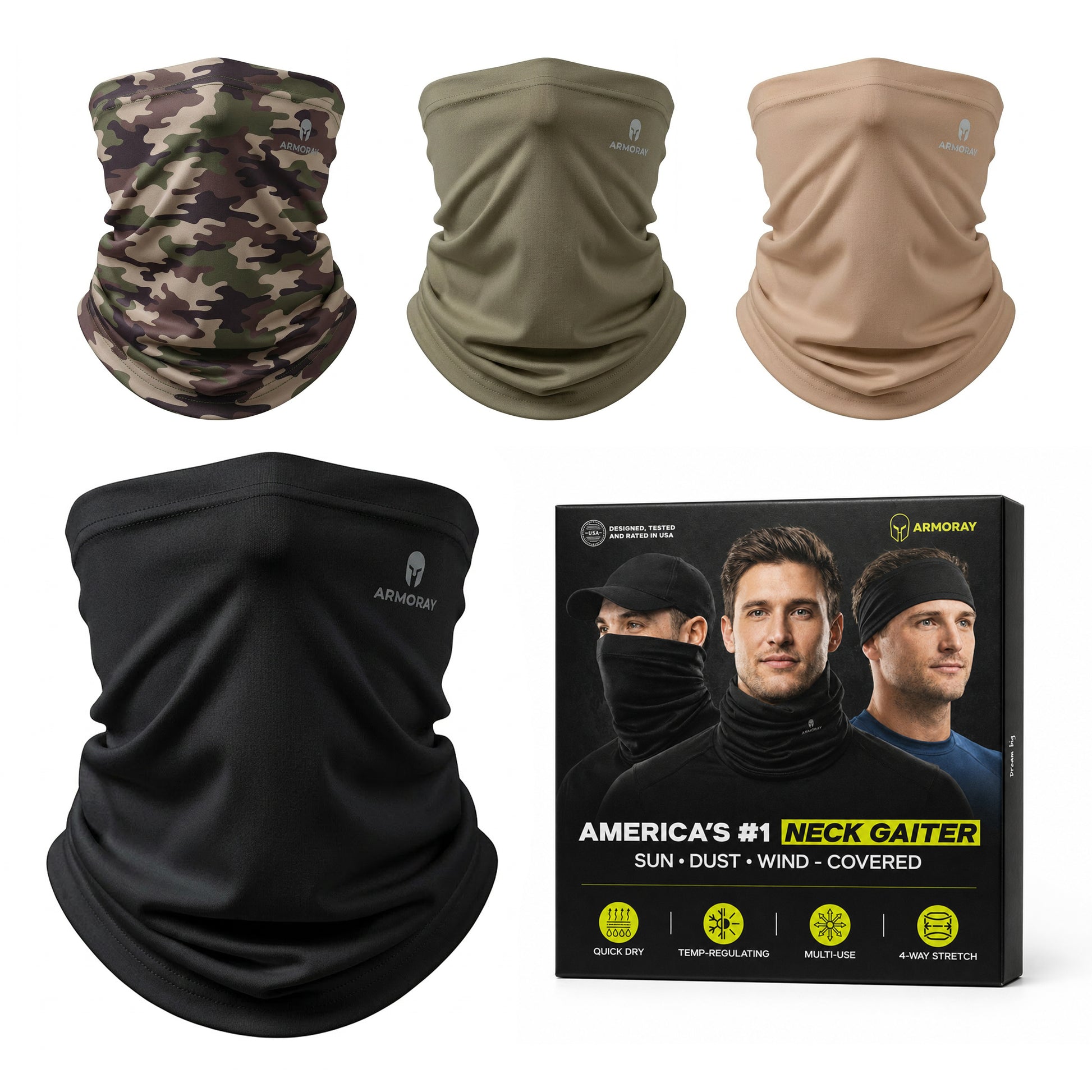 Four ARMORAY® Cooling Neck Gaiters from the Armoray® Cooling Neck Gaiter — 4-Pack, shown in camouflage, tan, and black above a product box featuring images of people wearing the black gaiter and key product features, offer breathable coverage along with reliable protection from sun, dust, and wind.
