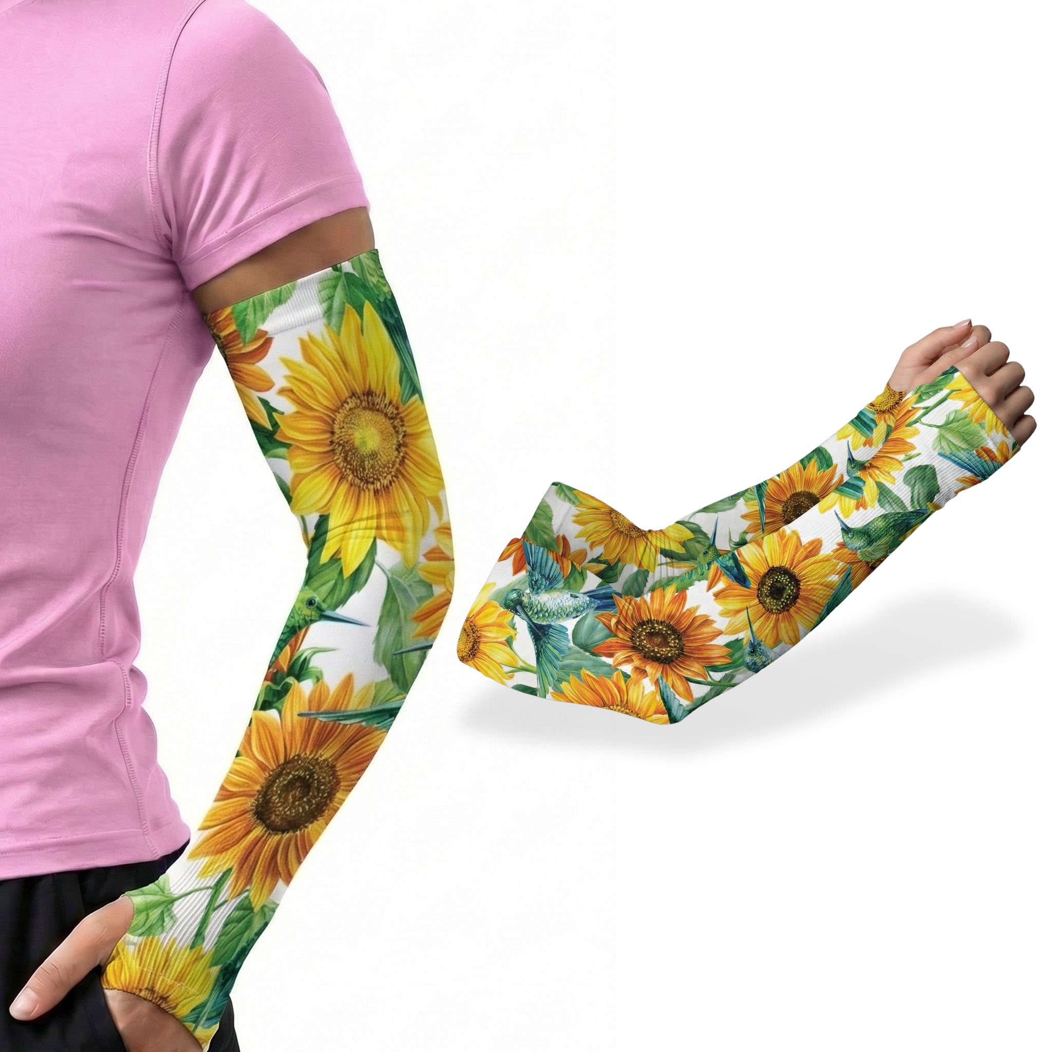 A person in a pink shirt wears ARMORAY Basics Armoray® Garden Collection Arm Sleeves — Designed to Delight Outdoors; a close-up shows the sunflower-patterned sleeve with UPF 50+ sun protection on a white background.