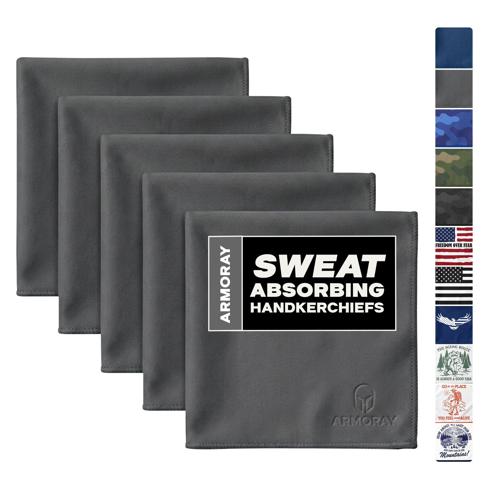 Four gray ARMORAY Basics UltraSoft Sweat Absorbing Handkerchiefs are shown, made from premium cotton towel fabric, with a vertical strip on the right displaying other designs.