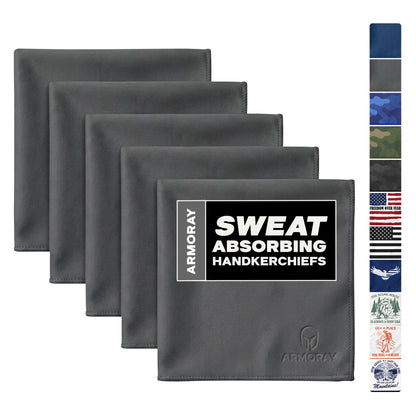 Four gray ARMORAY Basics UltraSoft Sweat Absorbing Handkerchiefs are shown, made from premium cotton towel fabric, with a vertical strip on the right displaying other designs.