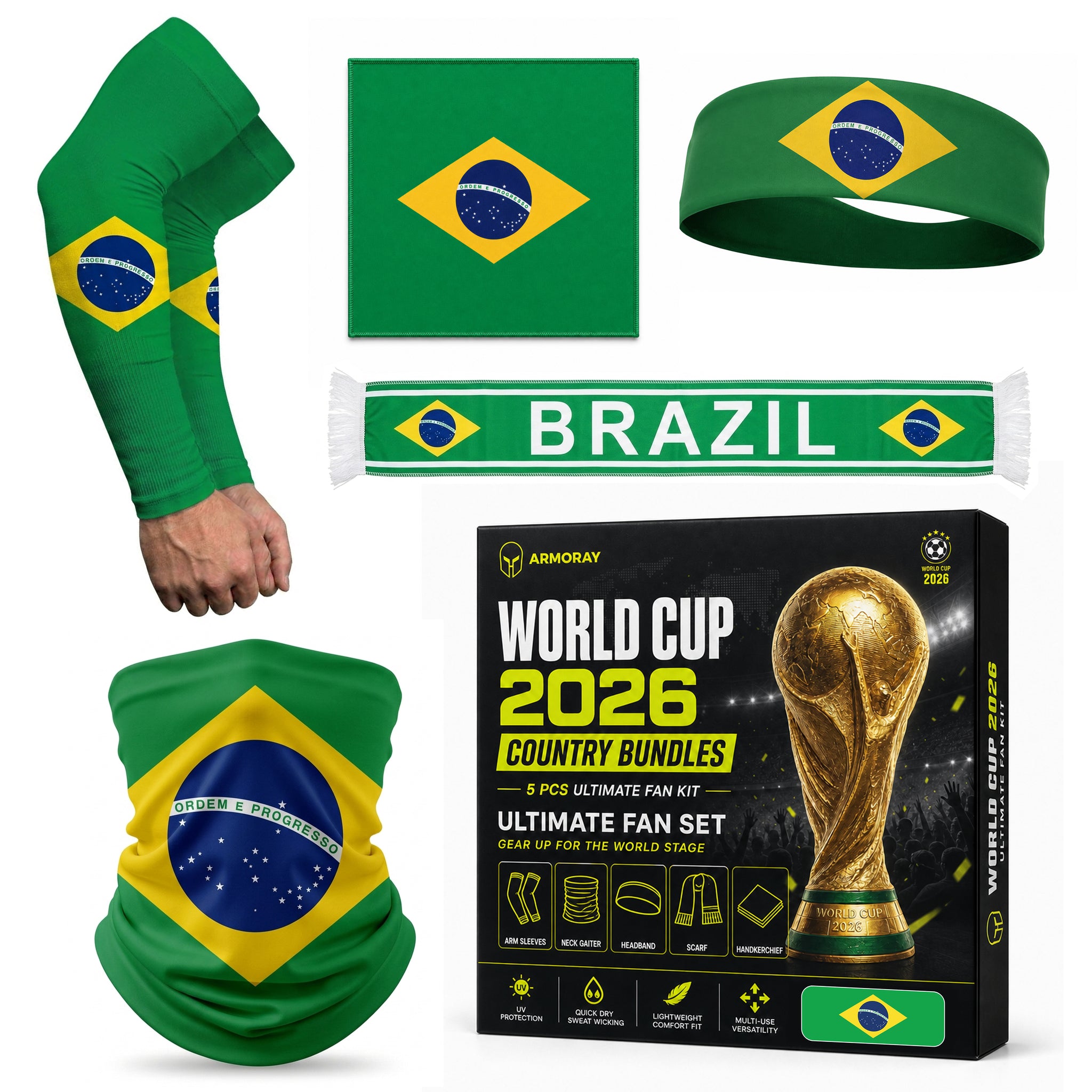 Show your country pride with the ARMORAY Armoray World Cup VIP Bundle—this Brazil-themed set includes an arm sleeve, face covering, scarf, wristband, headband, and packaging featuring the flag and trophy. Get match ready in style!.