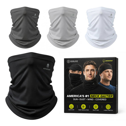 Four Armoray® Cooling Neck Gaiters in black, dark gray, light gray, and white are displayed above a product box featuring usage examples and brand details for ARMORAY. Designed for breathable coverage and protection from sun, dust, and wind, these versatile gaiters provide comfort in any environment.