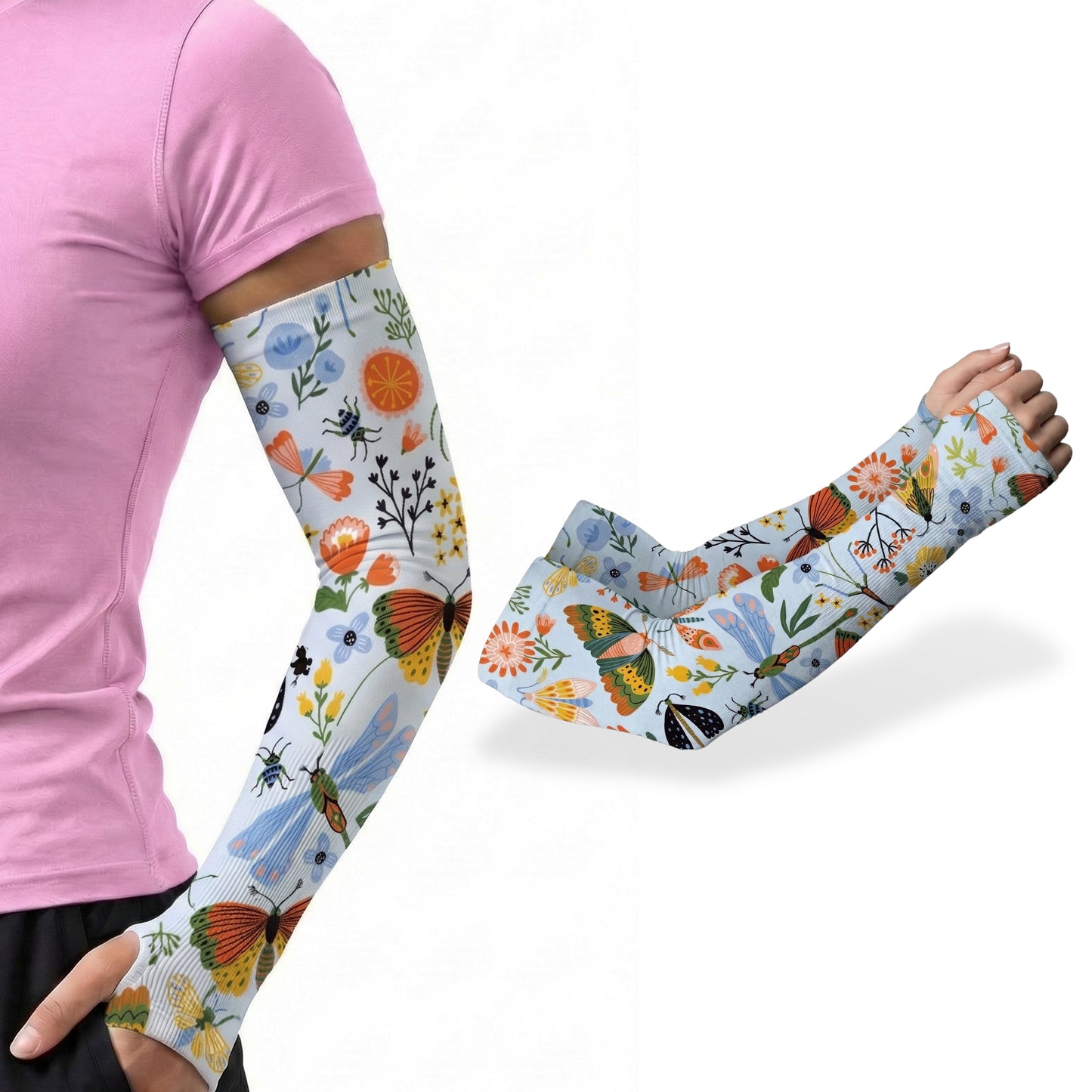 Someone wearing ARMORAY Basics Armoray® Garden Collection Arm Sleeves, featuring a vibrant floral and butterfly pattern and UPF 50+ sun protection, with an additional view showing the sleeve laid out flat.
