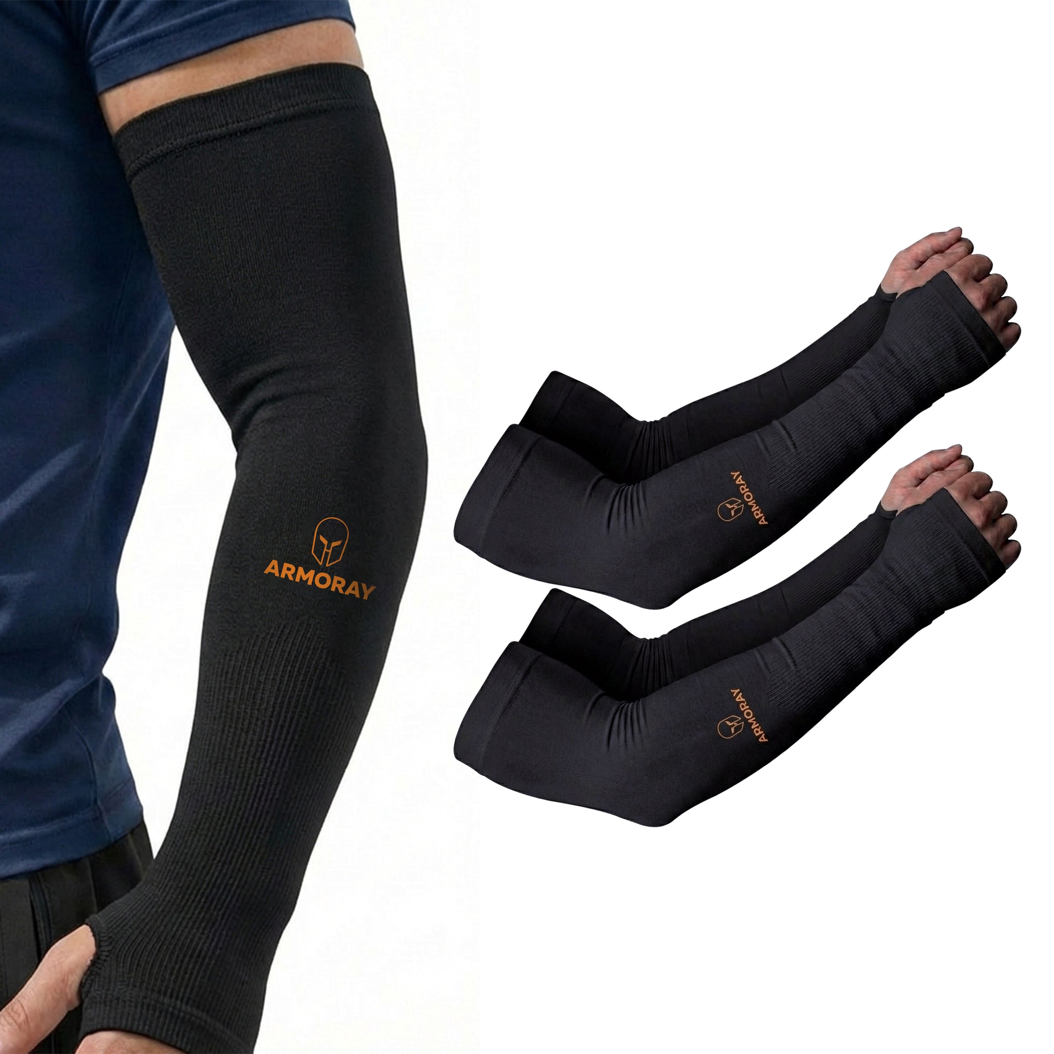 A person wears black Armoray® Thumbhole Arm Sleeves — Designed for Total Protection by ARMORAY Basics, featuring extended hand coverage, while two more pairs are shown on the right against a white background.