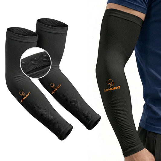 A person wears a black Armoray® SecureFit™ Arm Sleeve from ARMORAY Basics; two more sleeves and a close-up of the inner texture are also shown.