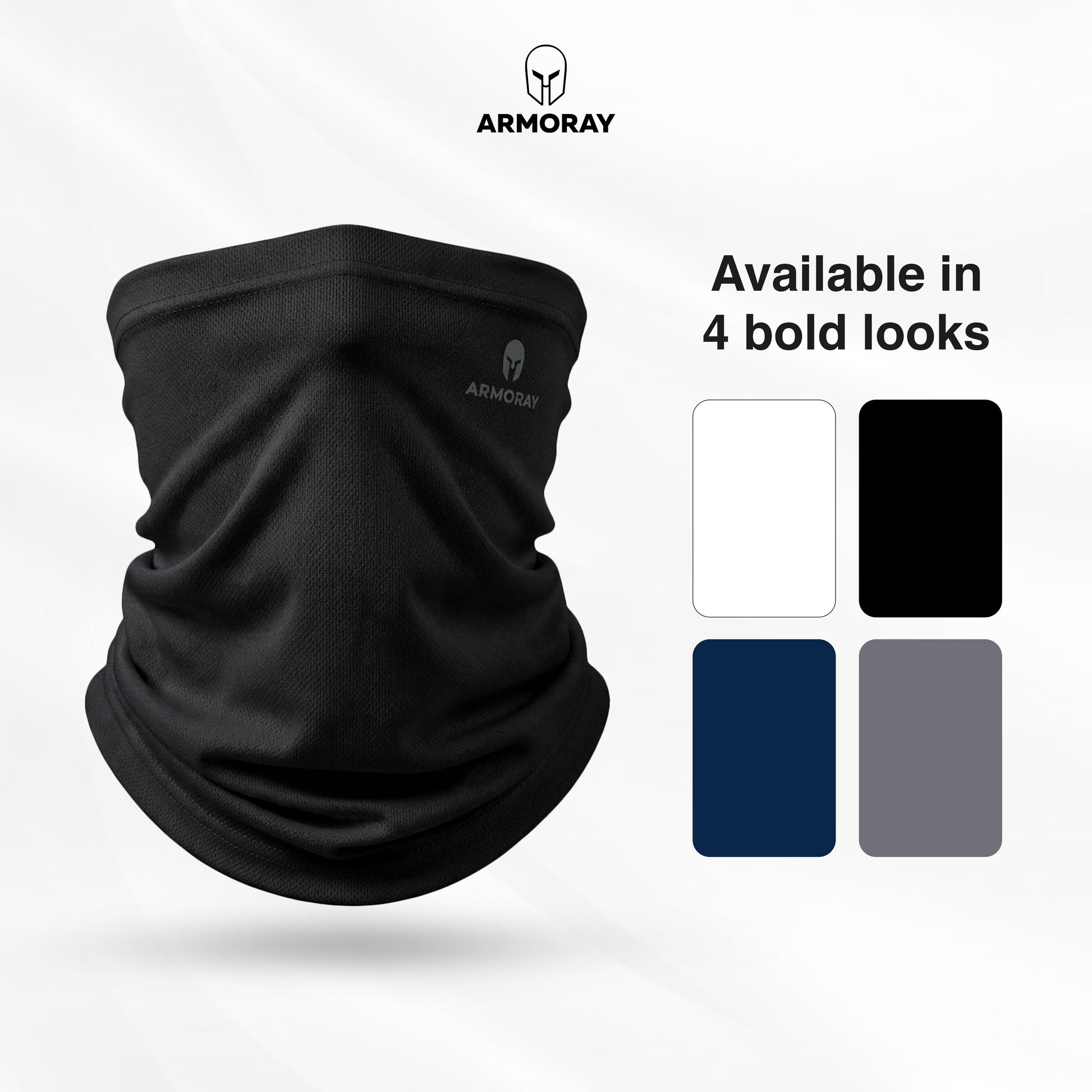 The PERFORMANCE TEK BANDANA by ARMORAY Basics is shown in black with the Armory logo, alongside white, black, navy blue, and gray options. "Available in 4 bold looks." Versatile design doubles as a sweat-wicking headband for comfort.