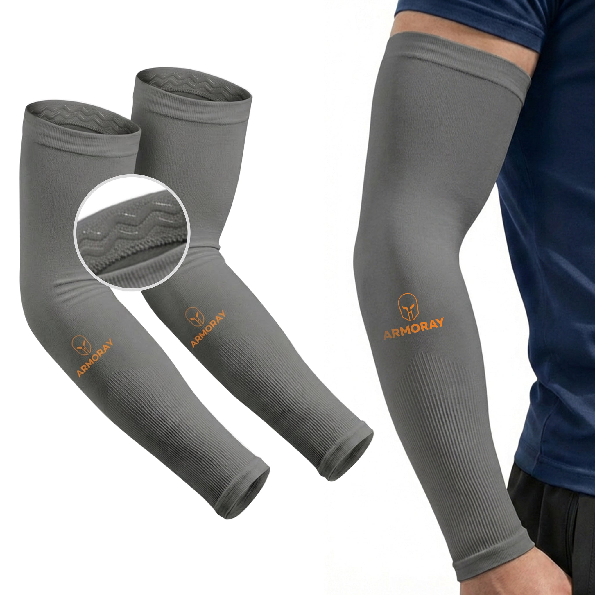 A person wears a gray Armoray® SecureFit™ Arm Sleeve from ARMORAY Basics; two more sleeves display the Armory logo and a close-up highlights the inner grip detail.