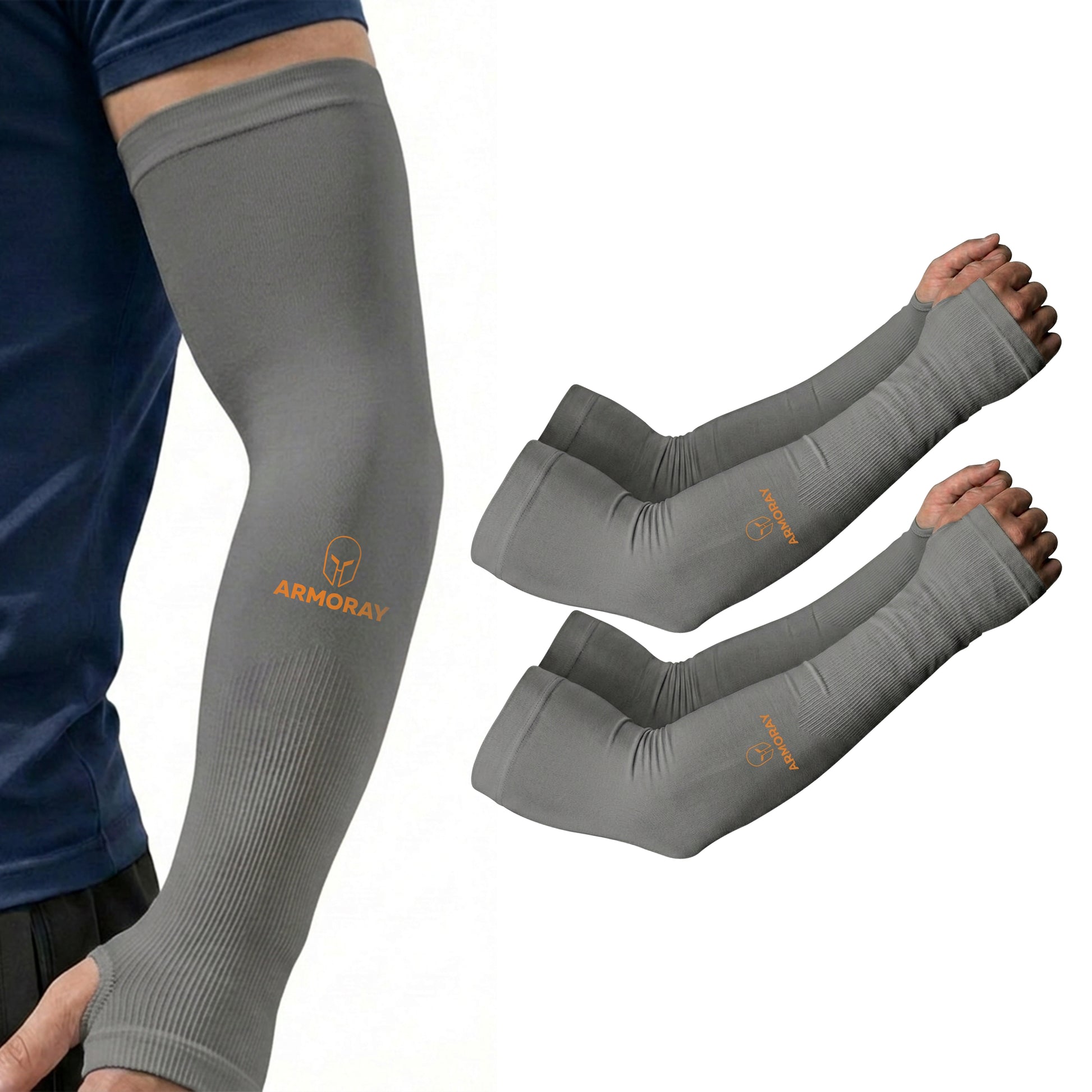 A person wears a gray Armoray® Thumbhole Arm Sleeve by ARMORAY Basics, featuring orange branding and extended hand coverage; a matching pair of sleeves is displayed next to the arm.