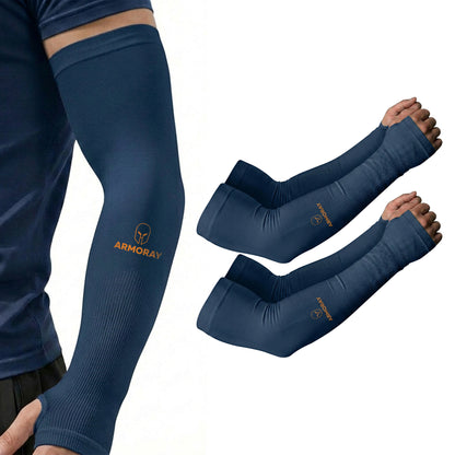 A person wears an Armoray® Thumbhole Arm Sleeve by ARMORAY Basics, designed for total protection with sun coverage and extended hand design; two thumbhole arm sleeves are shown beside the arm.