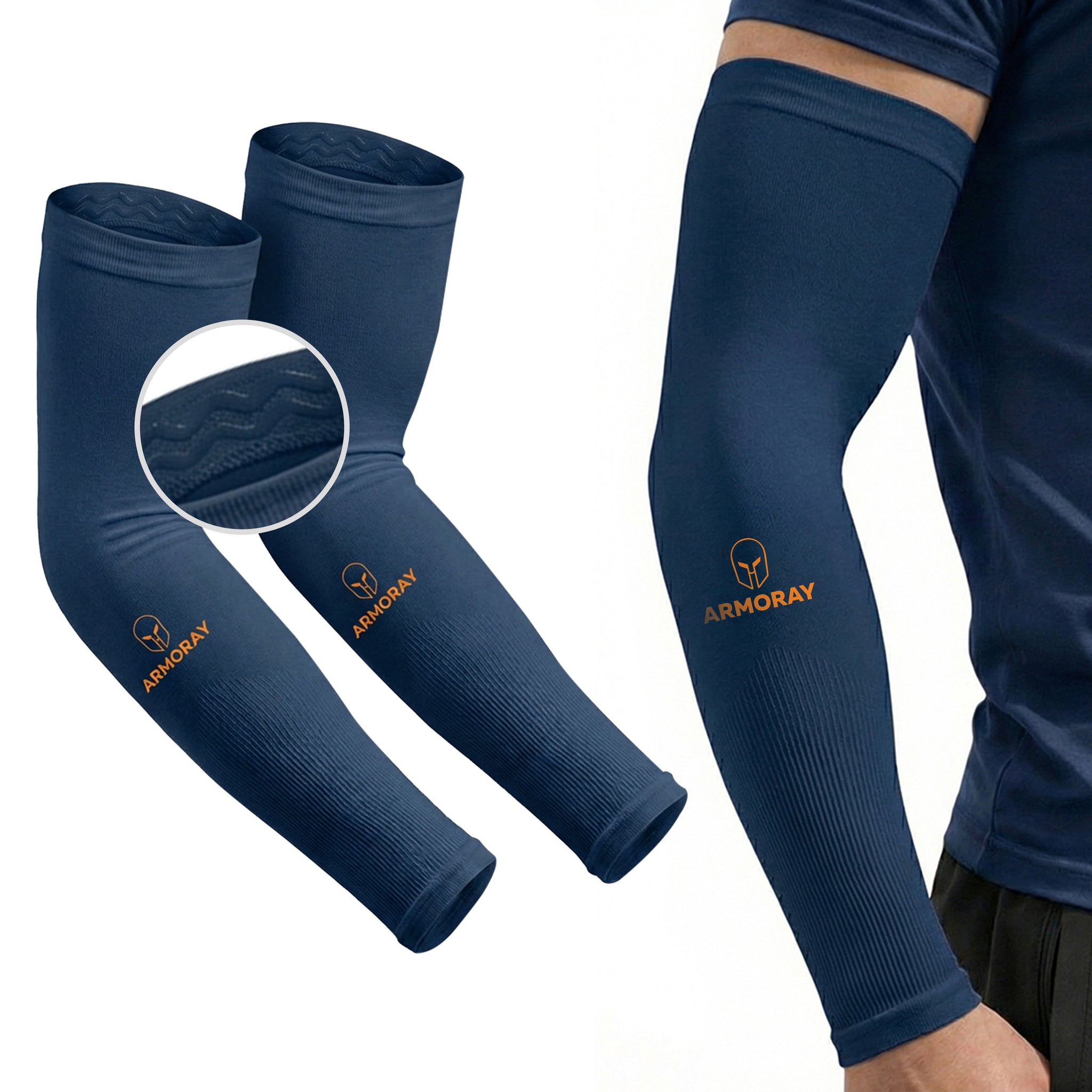 Armoray® SecureFit™ Arm Sleeves by ARMORAY Basics in navy blue, with an orange "ARMORAY" logo. Shown on and off-arm, featuring elastic bands for Sun Protection and all-day SecureFit comfort.