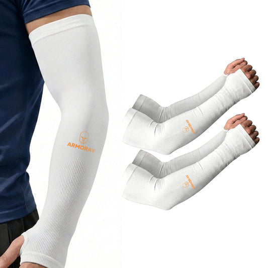 A person wears an Armoray® Thumbhole Arm Sleeve by ARMORAY Basics, featuring sun protection and extended hand coverage; two extra sleeves appear on the right.