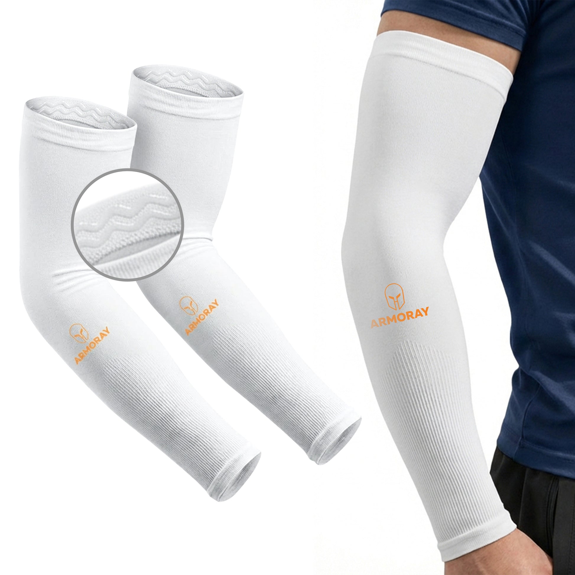 A person wears a white Armoray® SecureFit™ Arm Sleeve from ARMORAY Basics for sun protection; two more sleeves show the textured inner grip and SecureFit™ design that helps keep them in place.
