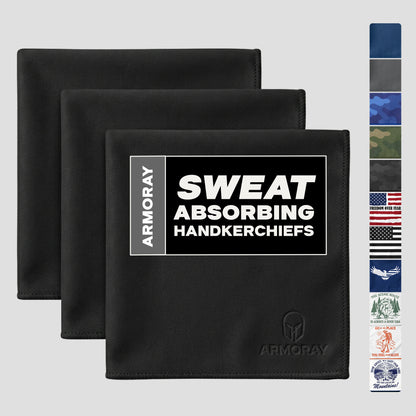 Three black handkerchiefs labeled “Sweat Absorbing Handkerchief – UltraSoft, Reusable Sweat Towel | Armoray®” by ARMORAY are featured, ideal for intense gym workouts. Along the right side, a vertical strip displays a range of color and pattern options, highlighting each versatile sweat absorbing handkerchief as an alternative to traditional cotton towels.