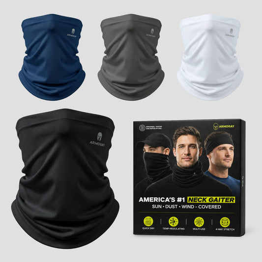 Four Armoray® Cooling Neck Gaiters by ARMORAY in blue, gray, white, and black are displayed above the product box, which highlights the black gaiter and its features such as sun protection, dust and wind defense, 4-way stretch, and breathable coverage.