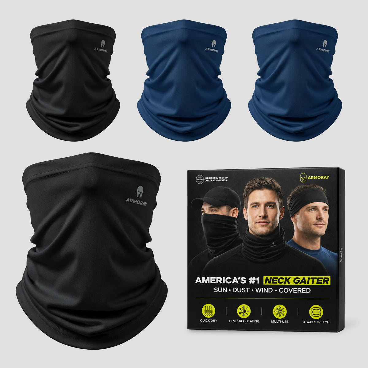 Four Armoray® Cooling Neck Gaiters from ARMORAY are displayed in black and navy blue, alongside packaging that showcases features such as quick dry, multi-use versatility, and 4-way stretch. This 4-pack provides breathable coverage and dependable sun, dust, and wind protection for all your outdoor adventures.