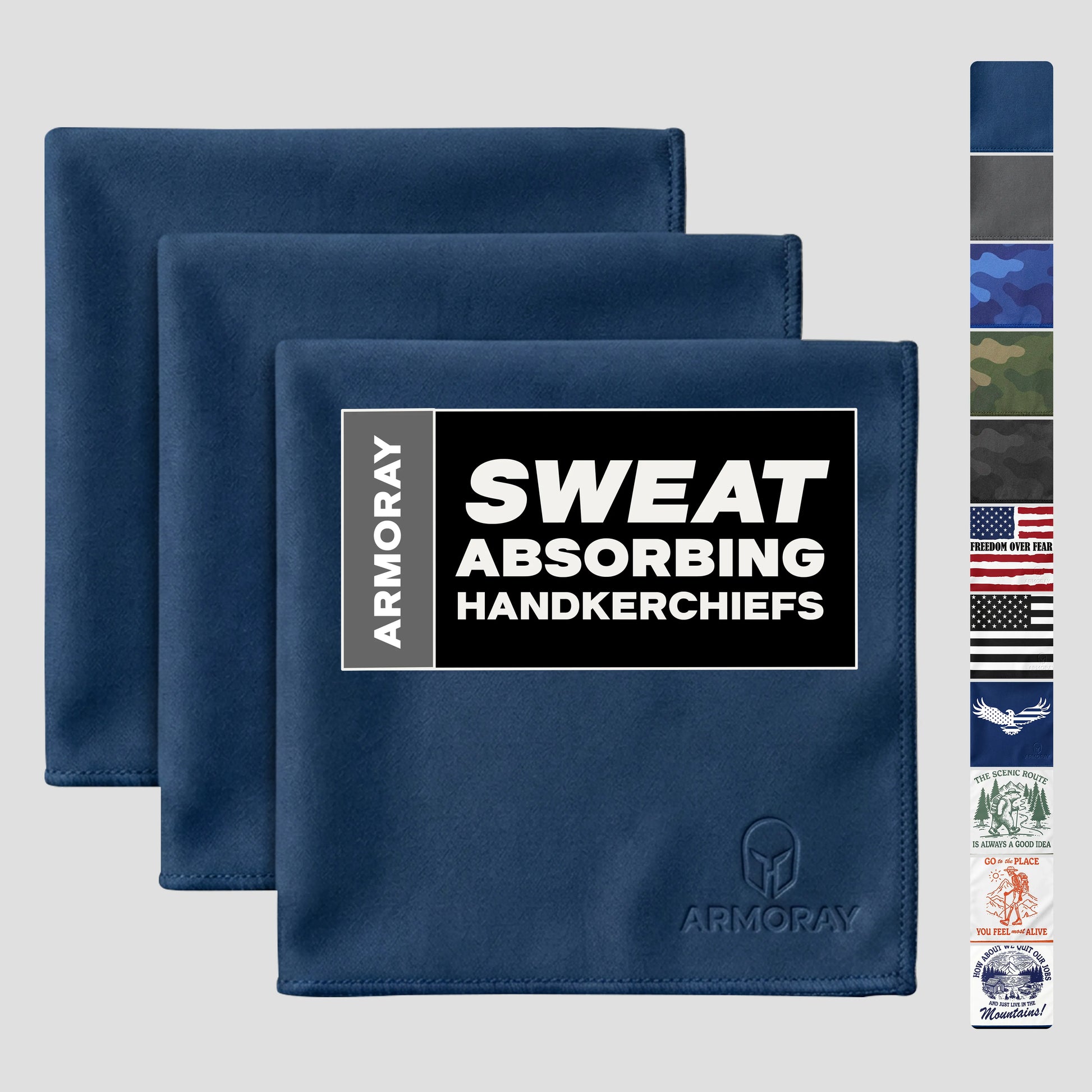 Three navy blue ARMORAY® Sweat Absorbing Handkerchiefs – UltraSoft, Reusable Sweat Towels, crafted from premium cotton towel material, are displayed folded with their packaging visible. A side strip highlights the different available patterns and designs—perfect for gym workouts or daily use.
