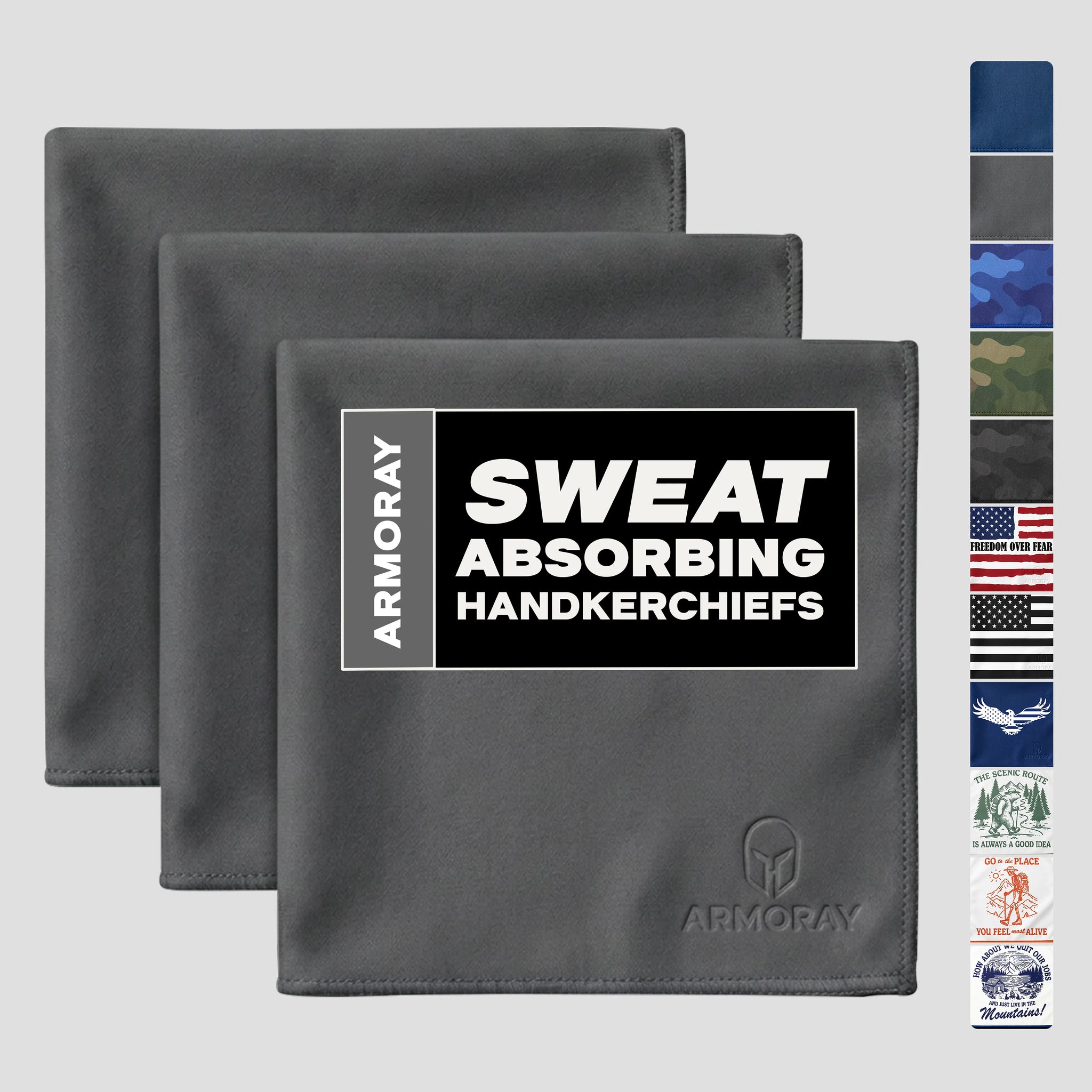 Three gray ARMORAY Sweat Absorbing Handkerchiefs – UltraSoft, Reusable Sweat Towels are pictured, expertly crafted from premium cotton sweat cloth for optimal comfort. Along the right side, a vertical strip features various color and pattern options, highlighting these stylish Armoray® gym towels’ blend of functionality and fashion.
