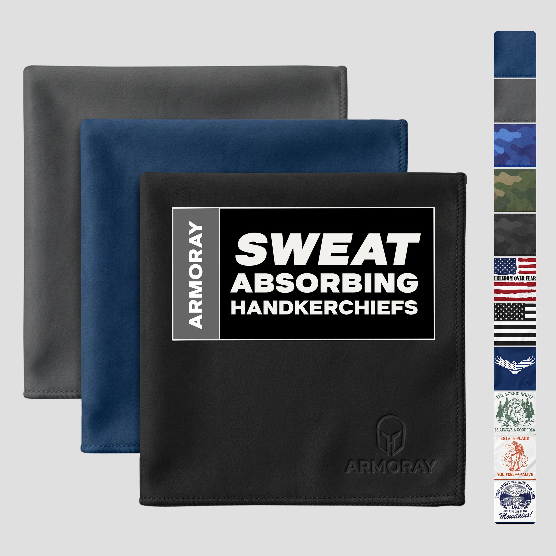 Three folded ARMORAY® UltraSoft, Reusable Sweat Absorbing Handkerchiefs in black, blue, and gray offer the perfect cotton sweat cloth for daily use. A side strip showcases assorted color and pattern options—including flags and camouflage—making this Armoray® handkerchief ideal as a compact gym towel or stylish accessory during workouts.