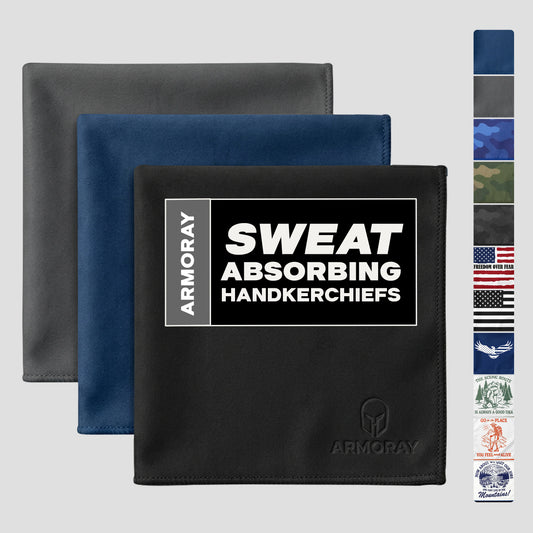 Three folded ARMORAY® UltraSoft, Reusable Sweat Absorbing Handkerchiefs in black, blue, and gray offer the perfect cotton sweat cloth for daily use. A side strip showcases assorted color and pattern options—including flags and camouflage—making this Armoray® handkerchief ideal as a compact gym towel or stylish accessory during workouts.