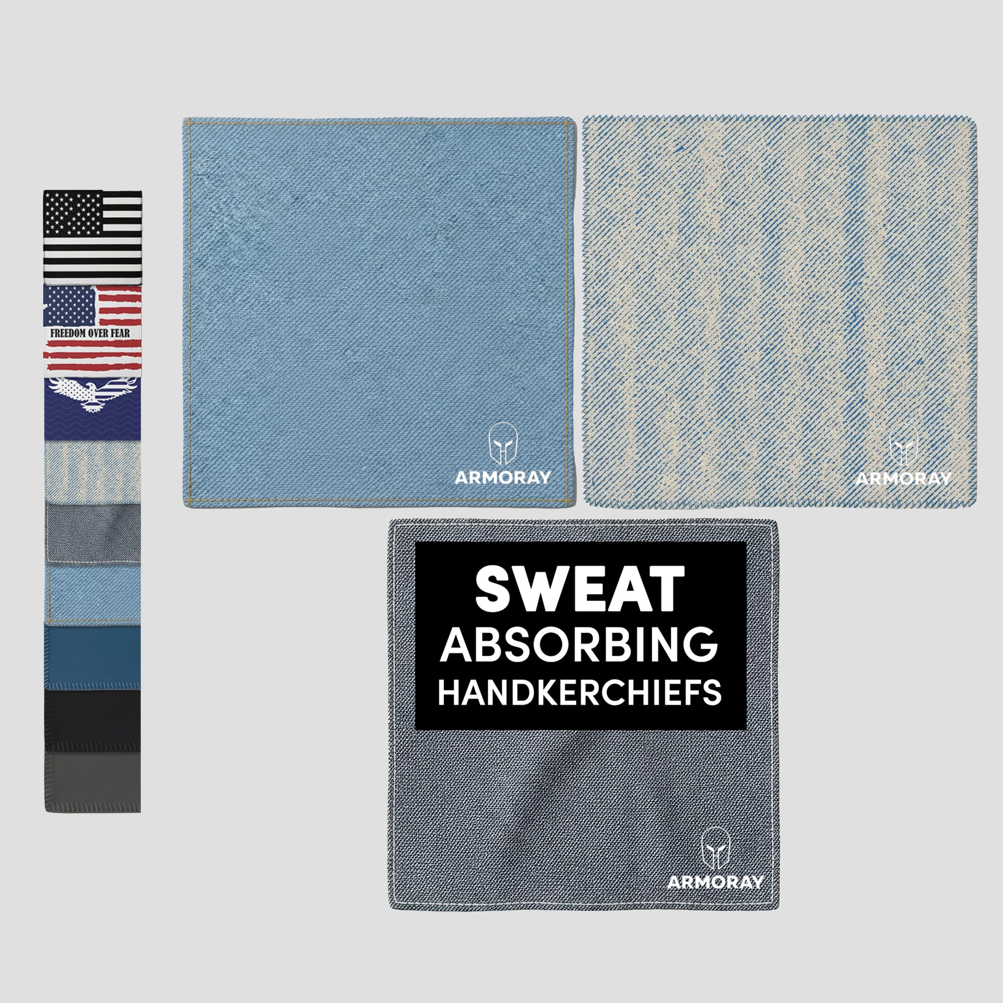Three blue, square ARMORAY handkerchiefs with varied textures are shown, one featuring the text “Sweat Absorbing Handkerchief – UltraSoft, Reusable Sweat Towel | Armoray®.” Ideal as a gym towel or cotton sweat cloth, they provide dependable absorbency and comfort. A vertical strip on the left displays label designs and available color options.