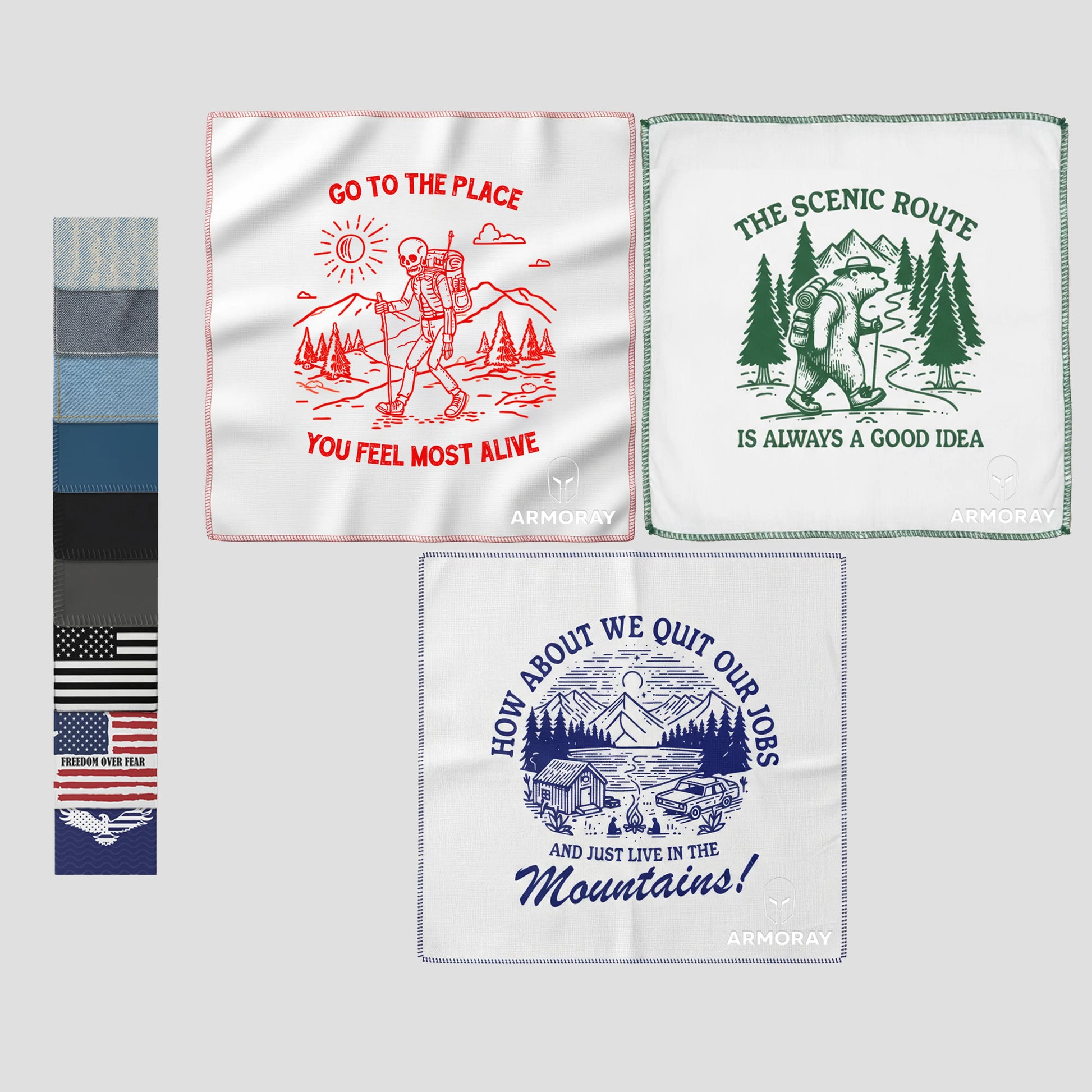 Discover the ARMORAY Sweat Absorbing Handkerchief – UltraSoft, Reusable Sweat Towel by Armoray®, featuring three adventure-inspired, illustrated cotton handkerchiefs with uplifting slogans, and a vertical strip showcasing eight assorted fabric patterns and patches on a light gray background—a stylish on-the-go gym towel or comfortable cotton sweat cloth alternative.