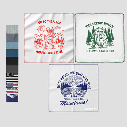 Discover the ARMORAY Sweat Absorbing Handkerchief – UltraSoft, Reusable Sweat Towel by Armoray®, featuring three adventure-inspired, illustrated cotton handkerchiefs with uplifting slogans, and a vertical strip showcasing eight assorted fabric patterns and patches on a light gray background—a stylish on-the-go gym towel or comfortable cotton sweat cloth alternative.