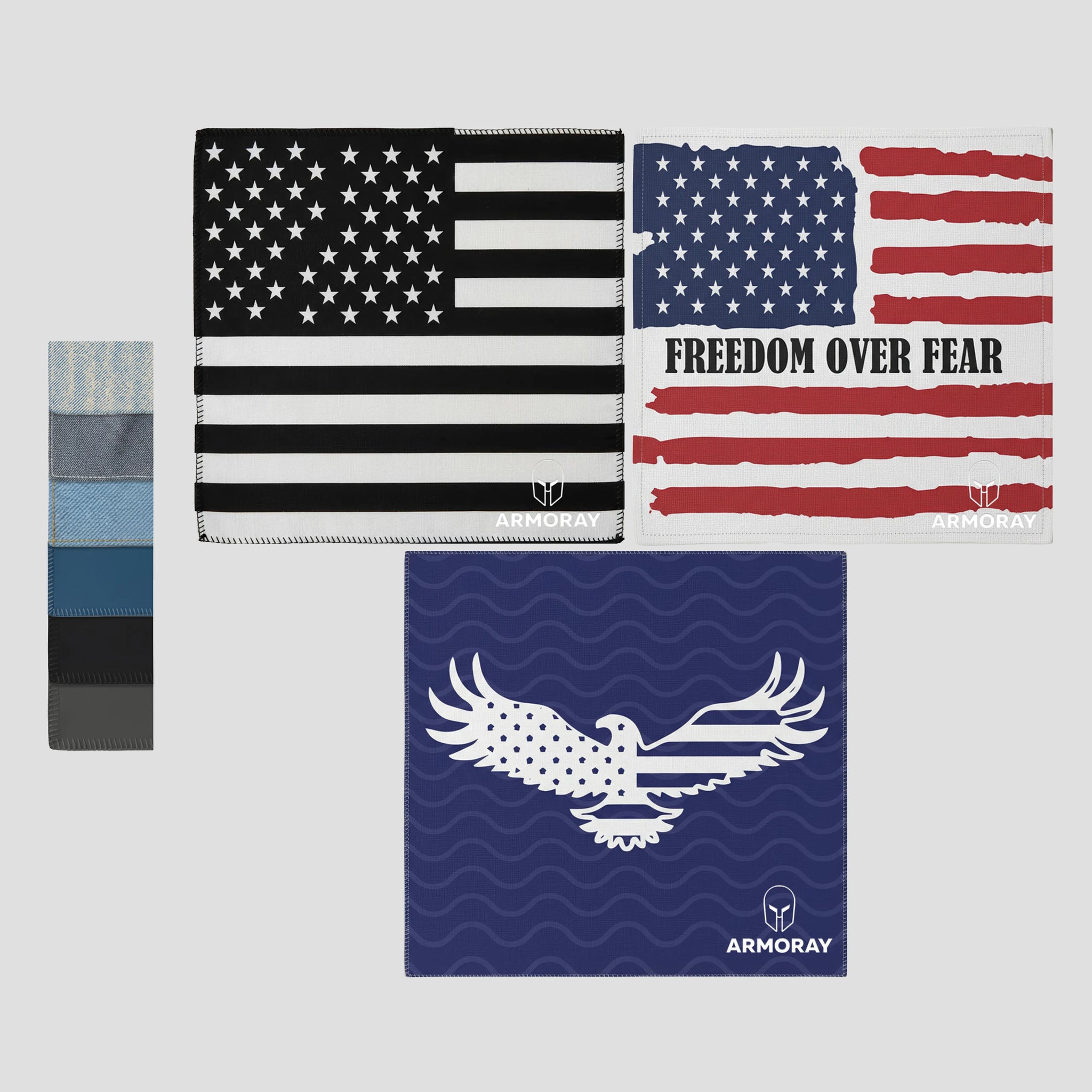 Set of three ARMORAY patterned cloths featuring American flag themes and an eagle motif, along with six solid and striped cotton Sweat Absorbing Handkerchiefs – UltraSoft, Reusable Sweat Towel by Armoray®. One gym towel displays the inspirational phrase “FREEDOM OVER FEAR,” making this ARMORAY set ideal for patriotic displays as well as practical sweat absorption.